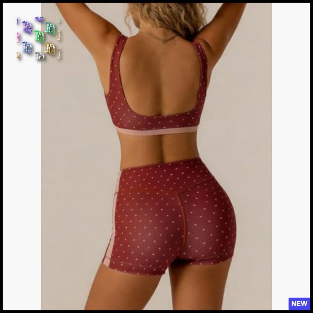 Polka Dot Workout Set 2 Piece Yoga Outfit Bra Tank High Waisted Shorts - Picture 2 of 4